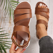 Naiste suvised ühevärvilised lihtsad retro pahkluu rihm, ümmargune pea, lameda põhjaga pluss suuruses Rooma kingad, mugavad naistele