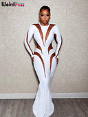 Weird Puss Mesh Patchwork Γυναικείο Φόρεμα 2023 Νέο Φθινοπωρινό, κομψό, μακρυμάνικο, μακρύ κορμάκι με λαιμόκοψη, κοκαλιάρικο Stretch Clubwear Vestidos