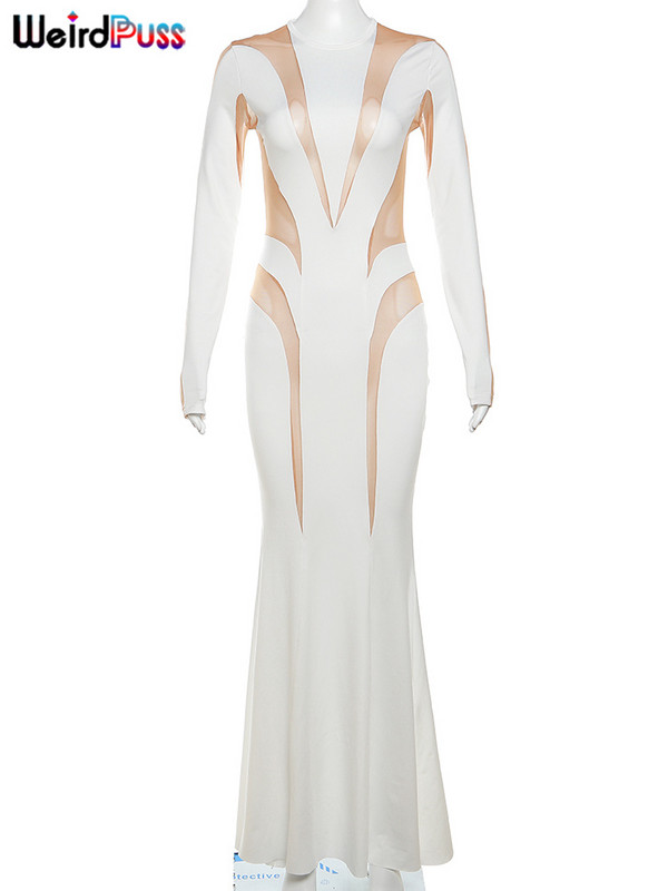 Weird Puss Mesh Patchwork Γυναικείο Φόρεμα 2023 Νέο Φθινοπωρινό, κομψό, μακρυμάνικο, μακρύ κορμάκι με λαιμόκοψη, κοκαλιάρικο Stretch Clubwear Vestidos