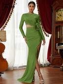 Missord, elegantă, verde, rochie lungă de petrecere, pentru femei, cu gâtul în formă de O, cu mâneci lungi, cu aplicații, cu decupaj, pe coapsă, cu desfășurare, rochii de seară, rochie de bal de absolvire