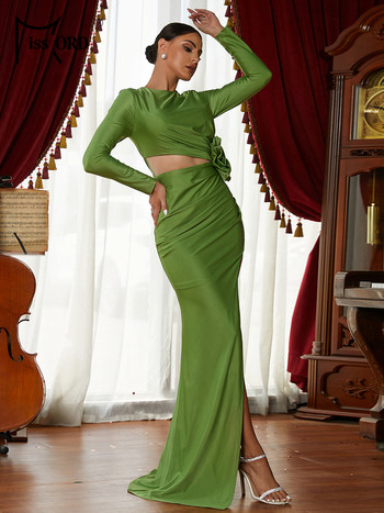 Missord Елегантна зелена дълга парти рокля Дамски вечерни рокли с О-образно деколте и дълги ръкави с апликации, разкрачени по бедрата, вечерни рокли по тялото, абитуриентска рокля