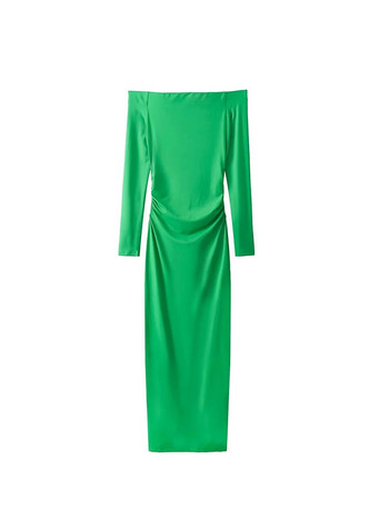 ZaZevity TRAF Дълги дамски рокли с отворени рамене Зелена плисирана миди рокля Женска рокля по тялото Вечерни рокли