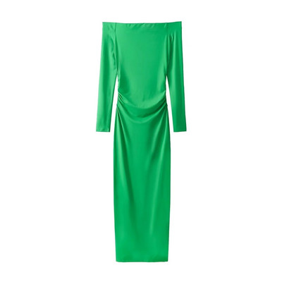ZaZevity TRAF Off Shoulder Μακριά Φορέματα Γυναικεία Πράσινο Πλισέ Μίντι Φόρεμα Γυναικείο Βραδινά Φόρεμα Γυναικείο Bodycon