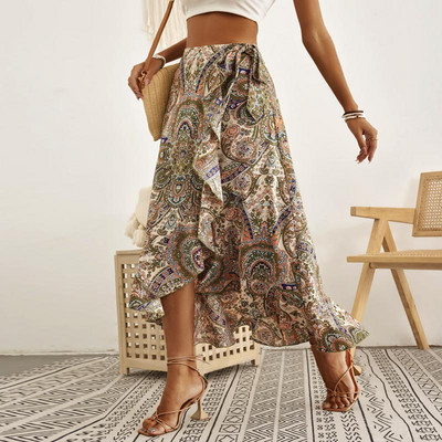 Ruffle seelik Naiste boheemlaslik seelik Print Ebaregulaarne seelik Külgside Rand vabaaja mähisseelik Naiste Elegantne Midi seelik Naiste riided