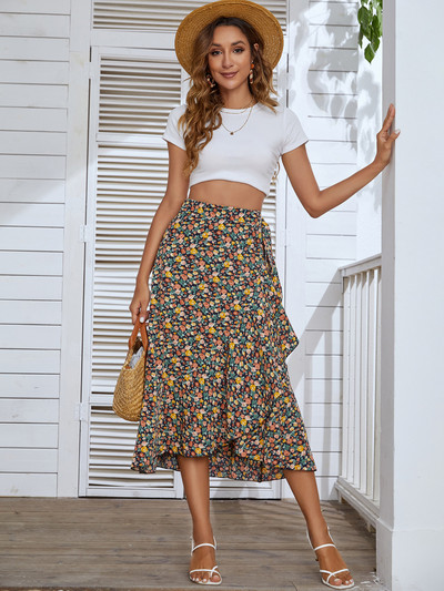 Ruffle seelik Naiste boheemlaslik seelik Print Ebaregulaarne seelik Külgside Rand vabaaja mähisseelik Naiste Elegantne Midi seelik Naiste riided