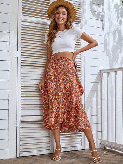 Ruffle seelik Naiste boheemlaslik seelik Print Ebaregulaarne seelik Külgside Rand vabaaja mähisseelik Naiste Elegantne Midi seelik Naiste riided