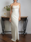 Tossy spagettisatiinist pikk kleit naistele seljata plisseeritud Seksikas soliidne kõrge vöökohaga mood Elegantne peovälimus Päitsetega kleidid Uus