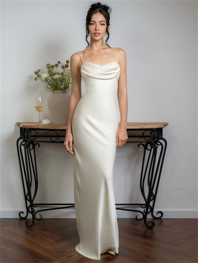 Tossy spagettisatiinist pikk kleit naistele seljata plisseeritud Seksikas soliidne kõrge vöökohaga mood Elegantne peovälimus Päitsetega kleidid Uus