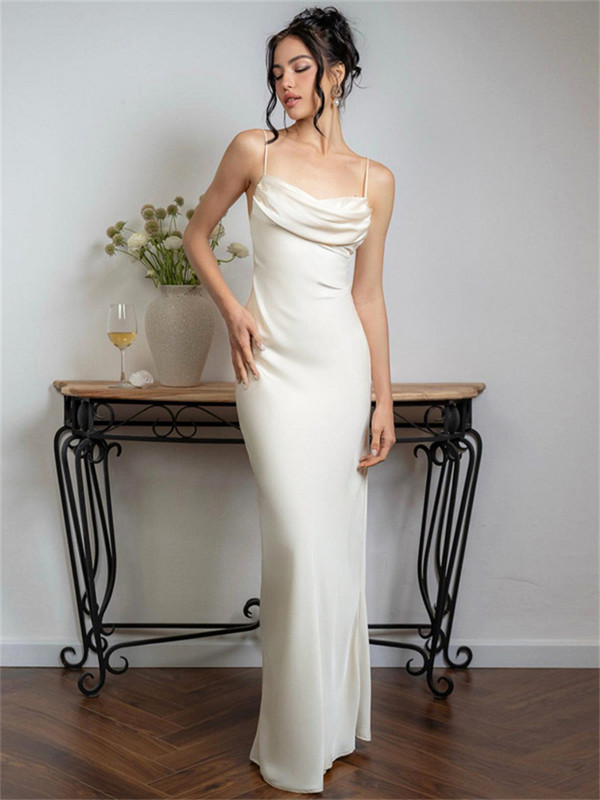 Tossy spagettisatiinist pikk kleit naistele seljata plisseeritud Seksikas soliidne kõrge vöökohaga mood Elegantne peovälimus Päitsetega kleidid Uus