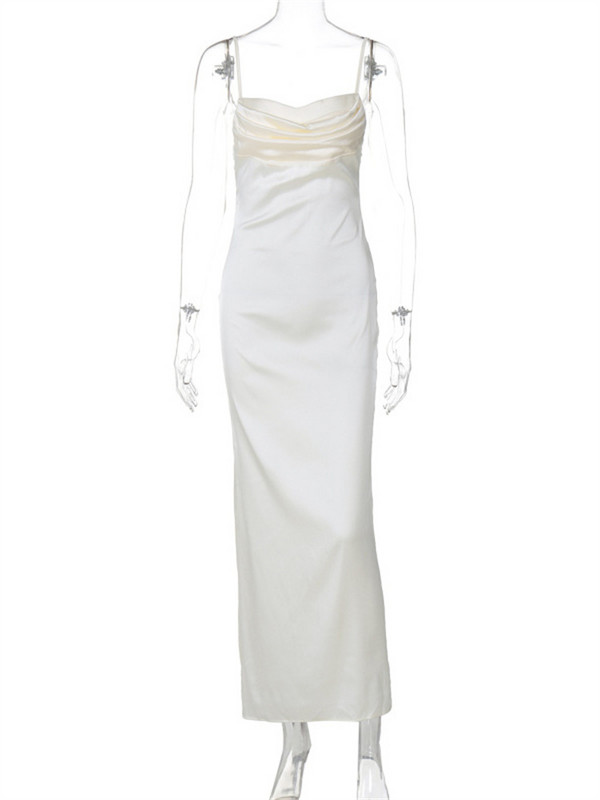 Tossy spagettisatiinist pikk kleit naistele seljata plisseeritud Seksikas soliidne kõrge vöökohaga mood Elegantne peovälimus Päitsetega kleidid Uus