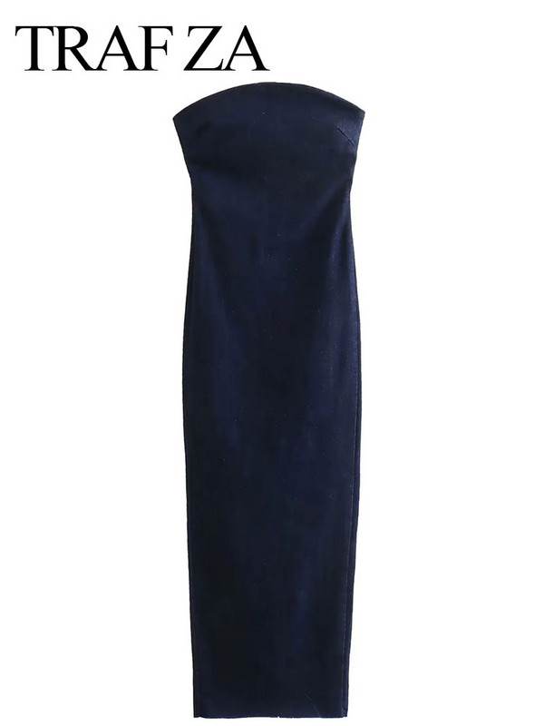 TRAFZA Γυναικείο Κομψό Τζιν Φόρεμα με στράπλες Πίσω Φορέματα με φερμουάρ Καλοκαιρινό Γυναικείο Μακρύ Φόρεμα με Πλάτη τζιν