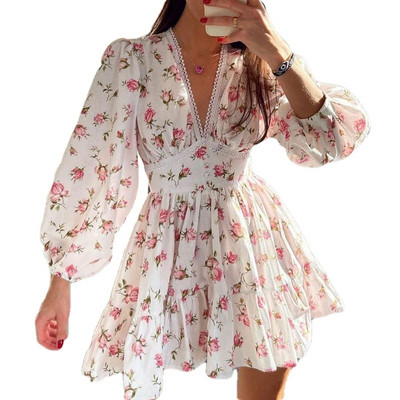 Rochie mini de vară de epocă pentru femei, cu mânecă lungă, cu imprimeu floral, cu volane, cu decolteu în V, talie înaltă, rochii de cocktail în linie A