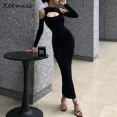 Xeemilo Rochie maxi cu umăr scobit, elegantă, neagră, sexy, cu mânecă lungă, despicată, 2022, pentru femei, rochie subțire pentru petrecere de seară