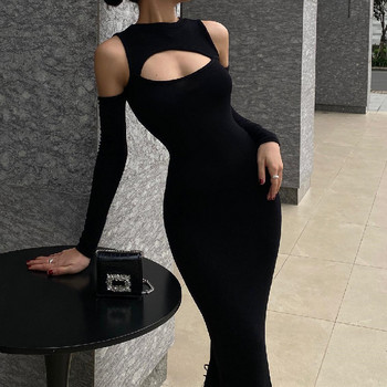 Xeemilo Елегантна макси рокля с издълбани рамена, черни секси дълги ръкави, разделени рокли 2022 г. Дамски тънки вечерни халати