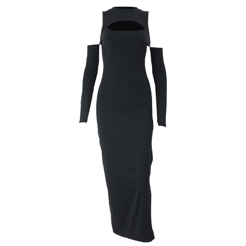 Xeemilo Rochie maxi cu umăr scobit, elegantă, neagră, sexy, cu mânecă lungă, despicată, 2022, pentru femei, rochie subțire pentru petrecere de seară