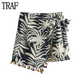 TRAF 2024 Εκτύπωση Μίνι Φούστα Γυναικείες Ασύμμετρες Φούντες Φούστες Γυναικείες Δεμένες Ψηλόμεσες Γυναικείες Φούστες Καλοκαιρινές Γυναικείες Φούστες Παραλία