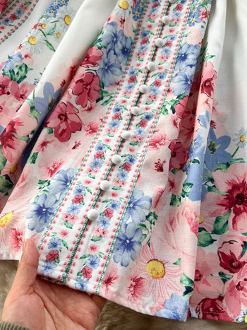 2023 г. Пролет Есен Цветна рокля на цветя Дамска стойка яка Едноредно дълъг фенер с ръкав Сладък колан с принт Фея Vestido