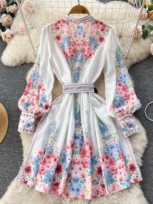 2023. aasta kevadsügisene värviline lilleline kleit naiste statiivikrae, üherealine, pikkade laternatega varrukatega, magusa trükiga vöö haldjas Vestido