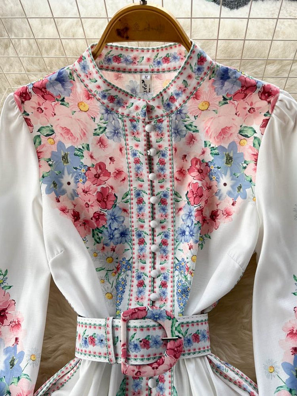 2023. aasta kevadsügisene värviline lilleline kleit naiste statiivikrae, üherealine, pikkade laternatega varrukatega, magusa trükiga vöö haldjas Vestido