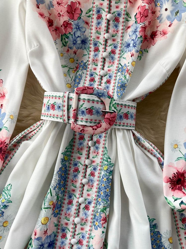 2023. aasta kevadsügisene värviline lilleline kleit naiste statiivikrae, üherealine, pikkade laternatega varrukatega, magusa trükiga vöö haldjas Vestido