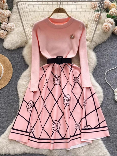 Francia Elegáns Gyönyörű Virág Gyöngy Bross Hosszú ujjú Pulóver Kötött Patchwork Öv Kockás Kamélia Jacquard Midi Vestidos