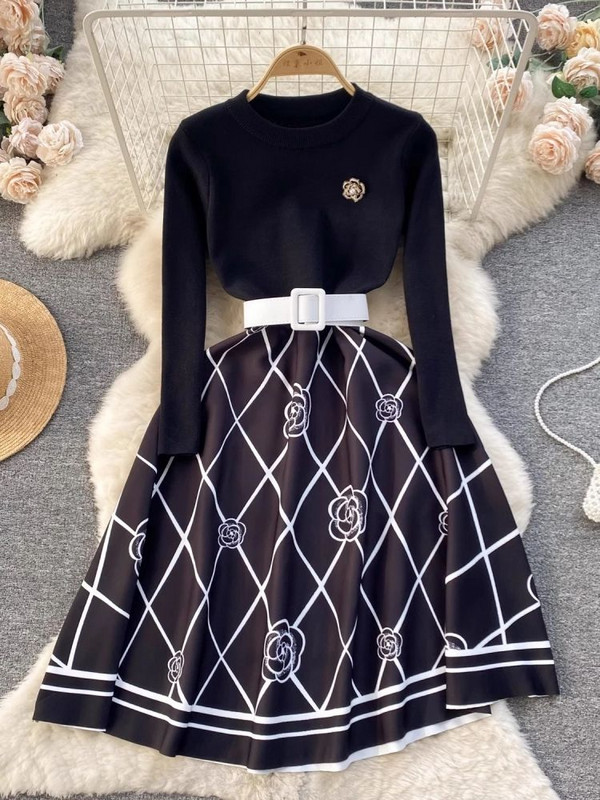 Francia Elegáns Gyönyörű Virág Gyöngy Bross Hosszú ujjú Pulóver Kötött Patchwork Öv Kockás Kamélia Jacquard Midi Vestidos