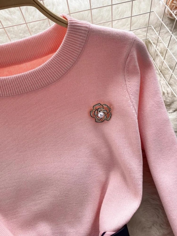 Francia Elegáns Gyönyörű Virág Gyöngy Bross Hosszú ujjú Pulóver Kötött Patchwork Öv Kockás Kamélia Jacquard Midi Vestidos