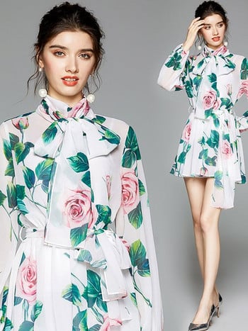 Φθινοπωρινό Runway Rose Floral Μίνι Φορέματα Γυναικεία γοητευτικά λουλουδάτα στάμπα σιφόν γιορτινά παπιγιόν με γιακά μακρυμάνικα φορέματα με ζώνη