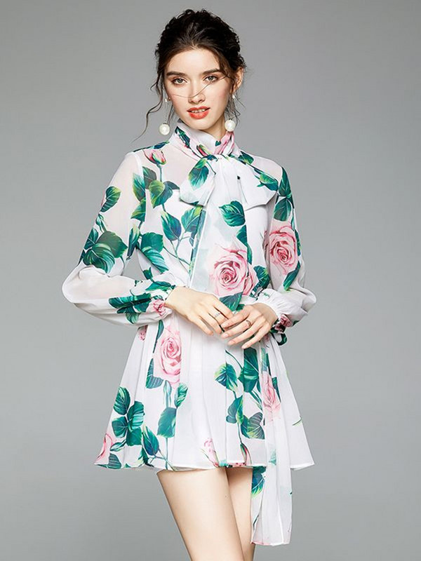 Autumn Runway Rose Lillelised minikleidid Naiste võluvad lilleprinteriga šifoonist pühadepäevased kikilipsukraega pikkade varrukatega kleidid vööga