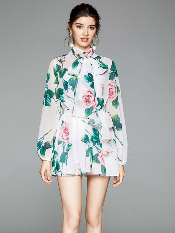 Autumn Runway Rose Lillelised minikleidid Naiste võluvad lilleprinteriga šifoonist pühadepäevased kikilipsukraega pikkade varrukatega kleidid vööga