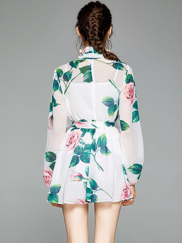 Autumn Runway Rose Lillelised minikleidid Naiste võluvad lilleprinteriga šifoonist pühadepäevased kikilipsukraega pikkade varrukatega kleidid vööga