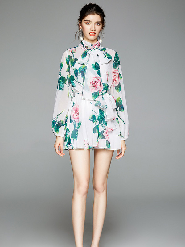 Autumn Runway Rose Lillelised minikleidid Naiste võluvad lilleprinteriga šifoonist pühadepäevased kikilipsukraega pikkade varrukatega kleidid vööga