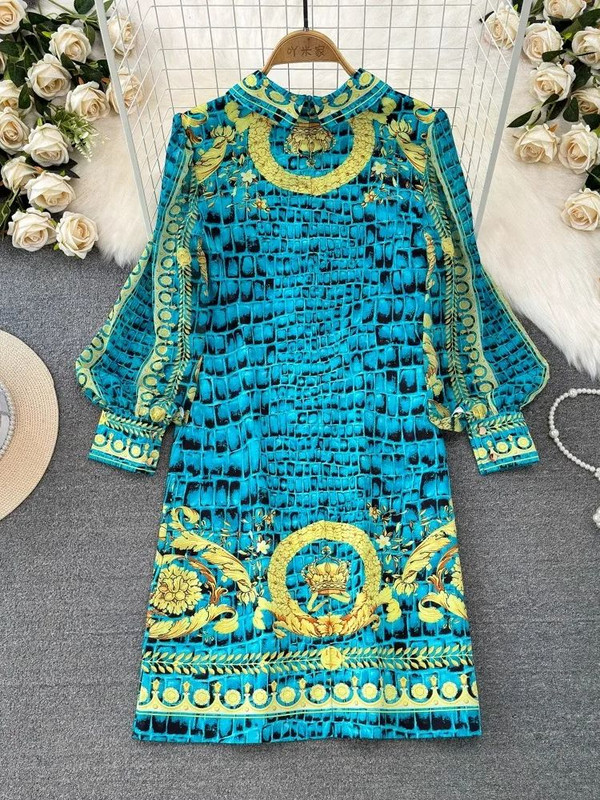 Pavasara un vasaras modes baroka stila kleita sievietēm ar šifona raibumu, garām piedurknēm, krāsainiem blokiem ballītei, maza, brīva līnija