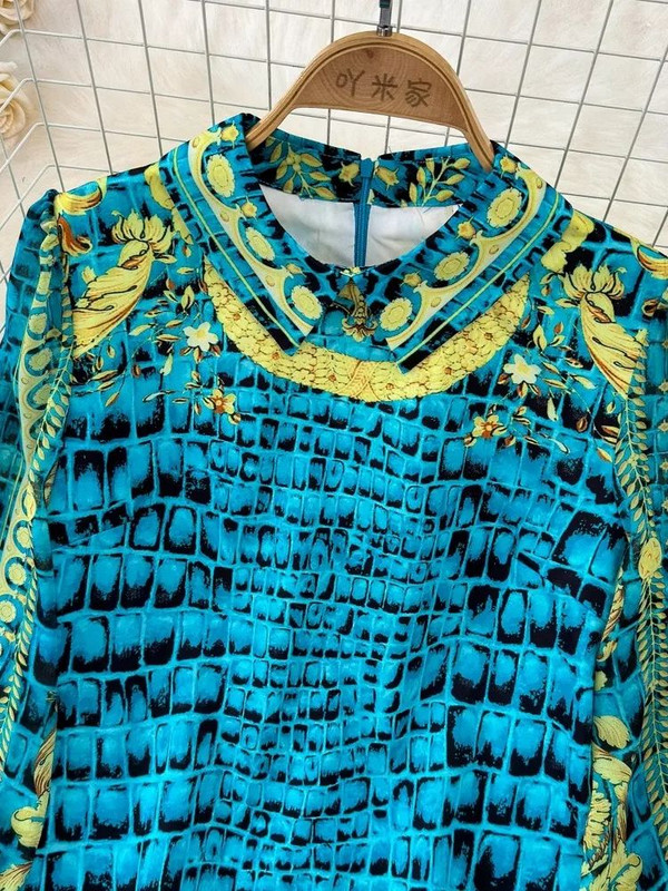 Pavasara un vasaras modes baroka stila kleita sievietēm ar šifona raibumu, garām piedurknēm, krāsainiem blokiem ballītei, maza, brīva līnija