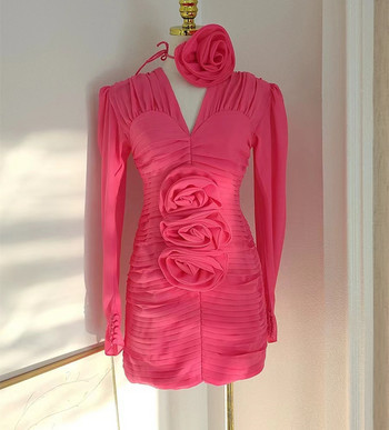 Нова френска пролетна 3D розова мини рокля от плисиран шифон с флорални мотиви, дамска писта, секси V-образно деколте и гънки с издути ръкави, тънка парти рокля по тялото