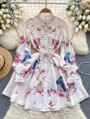 Tavaszi Nyári Ünnep Virágmadarak vászon rövid ruha női állógallér hosszú ujjú bojtok Fűzős virágmintás Vestidos