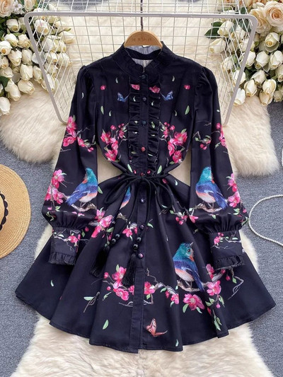 Tavaszi Nyári Ünnep Virágmadarak vászon rövid ruha női állógallér hosszú ujjú bojtok Fűzős virágmintás Vestidos