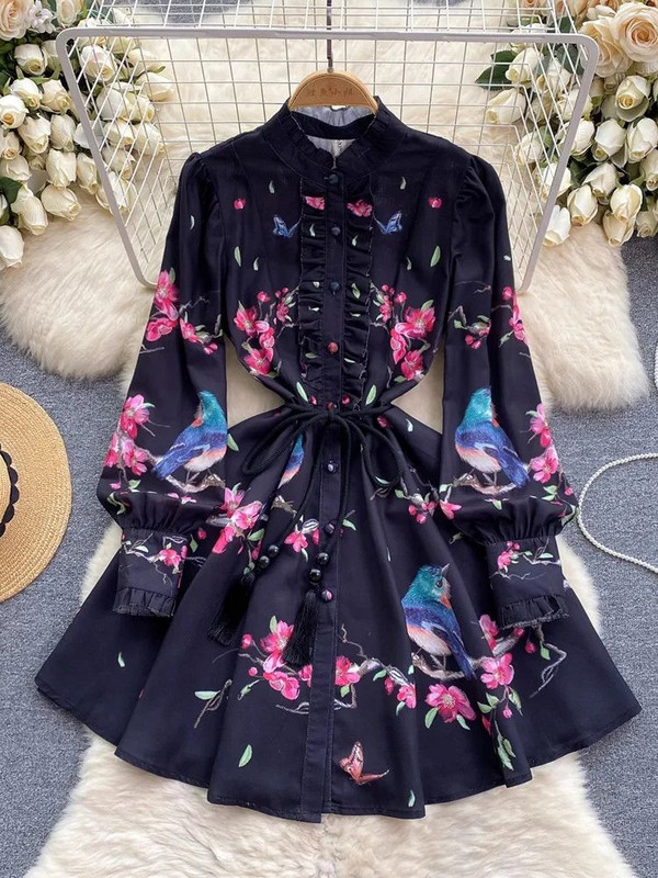 Tavaszi Nyári Ünnep Virágmadarak vászon rövid ruha női állógallér hosszú ujjú bojtok Fűzős virágmintás Vestidos