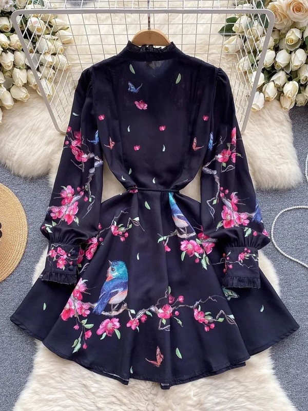 Tavaszi Nyári Ünnep Virágmadarak vászon rövid ruha női állógallér hosszú ujjú bojtok Fűzős virágmintás Vestidos