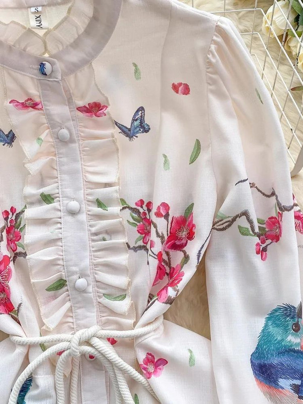 Tavaszi Nyári Ünnep Virágmadarak vászon rövid ruha női állógallér hosszú ujjú bojtok Fűzős virágmintás Vestidos