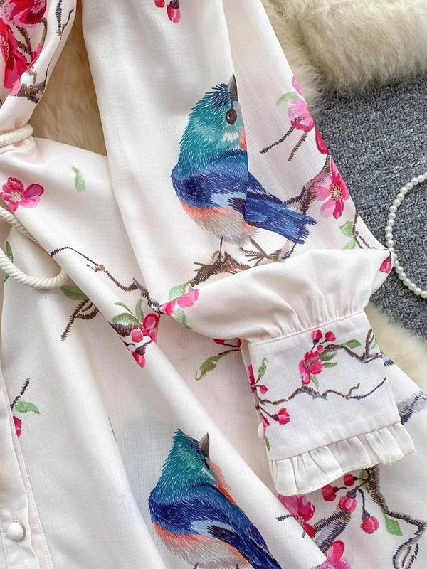 Tavaszi Nyári Ünnep Virágmadarak vászon rövid ruha női állógallér hosszú ujjú bojtok Fűzős virágmintás Vestidos