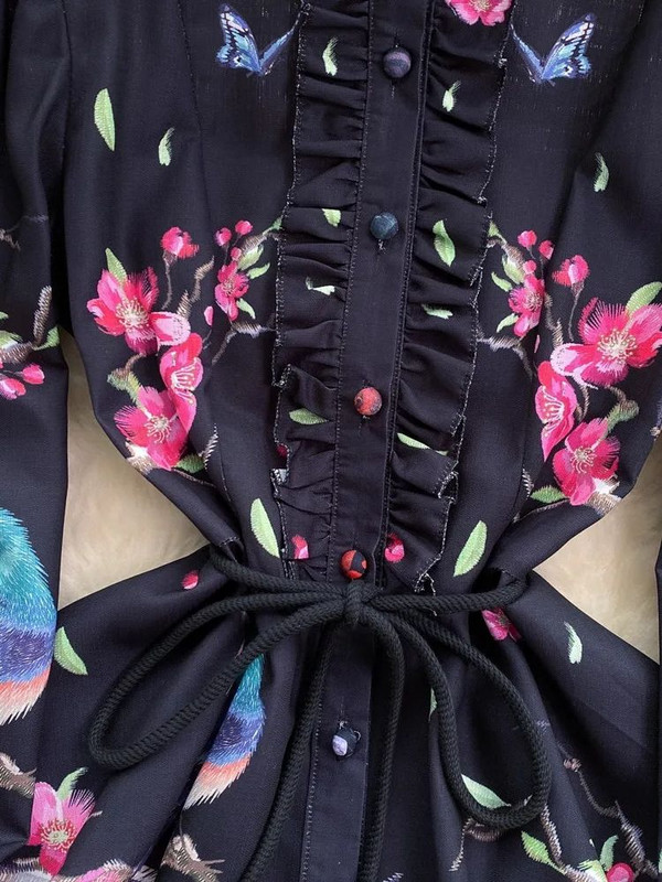 Tavaszi Nyári Ünnep Virágmadarak vászon rövid ruha női állógallér hosszú ujjú bojtok Fűzős virágmintás Vestidos