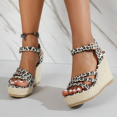 Nyári női Wedge magassarkú szandálok divatos leopárd női platós peep toe szandálok, nagy méretű, 36-42 női szandálok