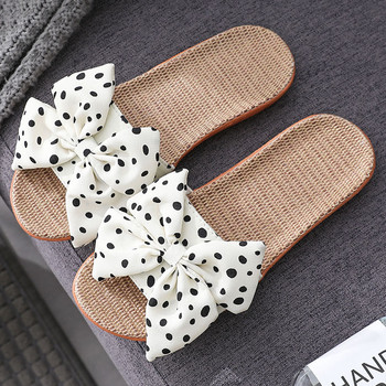 Летни ленени чехли с панделка Дамски японски сладки вълнообразни домашни обувки Нехлъзгащи се дамски ленени чехли