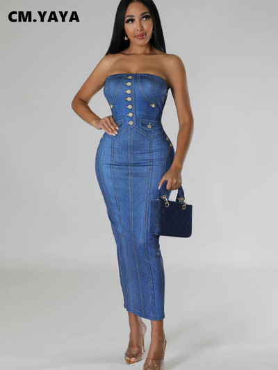 CMYAYA 2024, vară, sexy, pentru femei, fără bretele, 3D, denim fals, imprimat, maxi, rochie lungă, ocazională, pentru petrecerea în club de noapte, rochii de streetwear