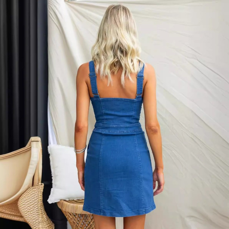 Άνοιξη Καλοκαίρι 2024 Νέα γυναικεία ρούχα μονόχρωμα casual λεπτό αμάνικο τζιν φόρεμα