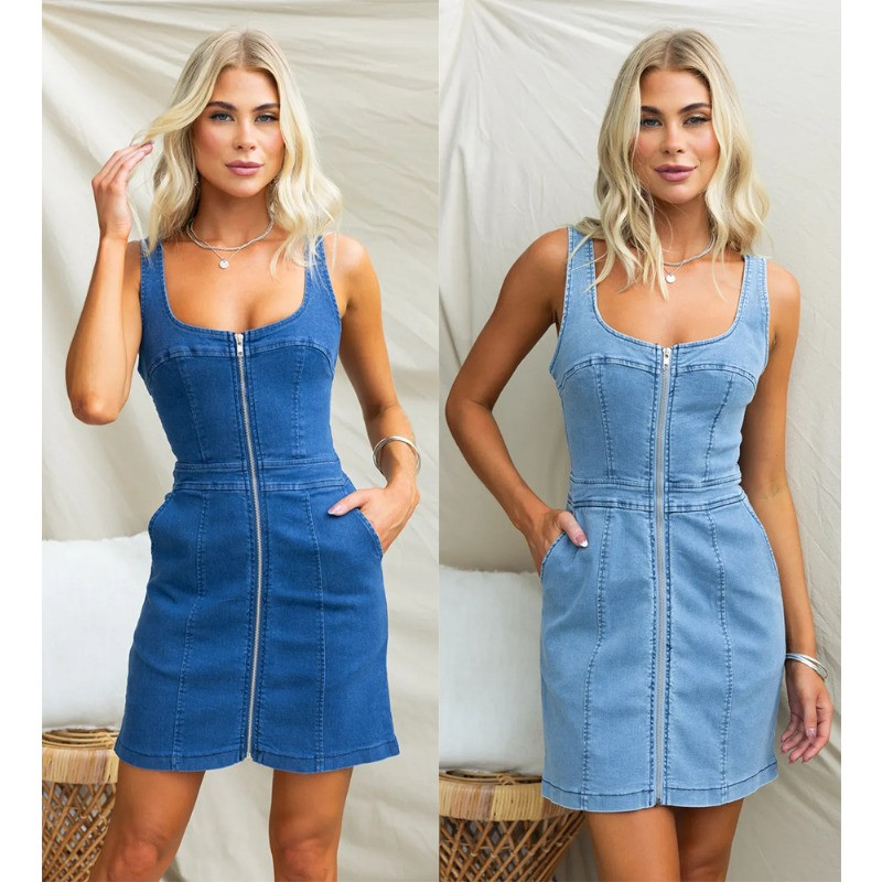 Άνοιξη Καλοκαίρι 2024 Νέα γυναικεία ρούχα μονόχρωμα casual λεπτό αμάνικο τζιν φόρεμα