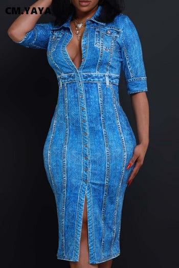 CM.YAYA Γυναικεία Fake Jean 3D Printed Full Sleeve Bodycon Midi Φόρεμα 2024 Night Street Club Sexy Party Dresses Vestidoes