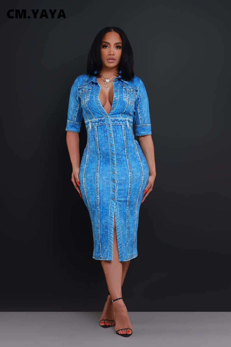 CM.YAYA naiste võltsitud teksadega 3D-prinditud Täisvarrukatega Bodycon Midi Kleit 2024 Night Street Club Seksikad peokleidid Vestidoes