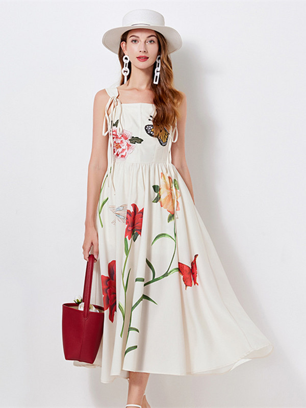 Nyári gyönyörű pillangós virágos hímző ruha női csokornyakkendő spagetti pánt virágmintás pamut vászon ünnepi hosszú Vestido